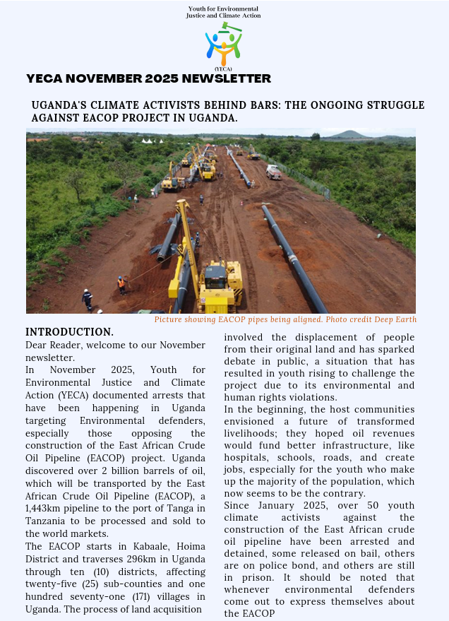 YECA’s November 2025 Newsletter ,Uganda’s climate Activists behind bars:The ongoing struggle against EACOP project in Uganda.