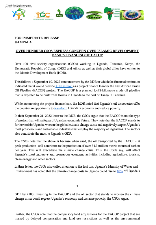 Press statement -CSOs demand that IsDB withdraws EACOP financing -22-September-2022